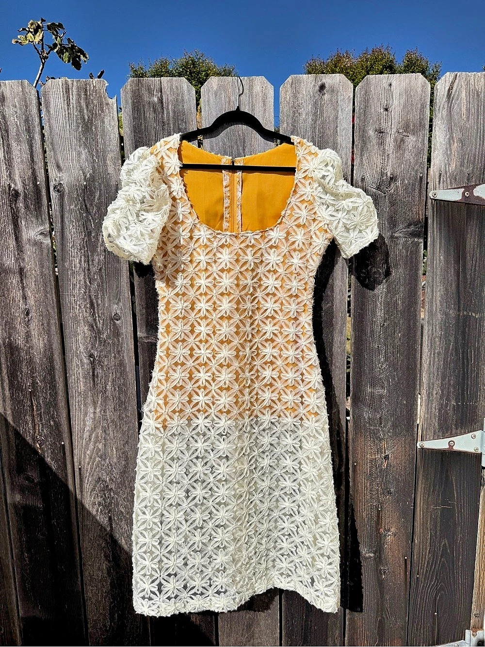 Handmade Vintage 70s Floral Mini Dress in Mustard Yellow & White Floral Lace